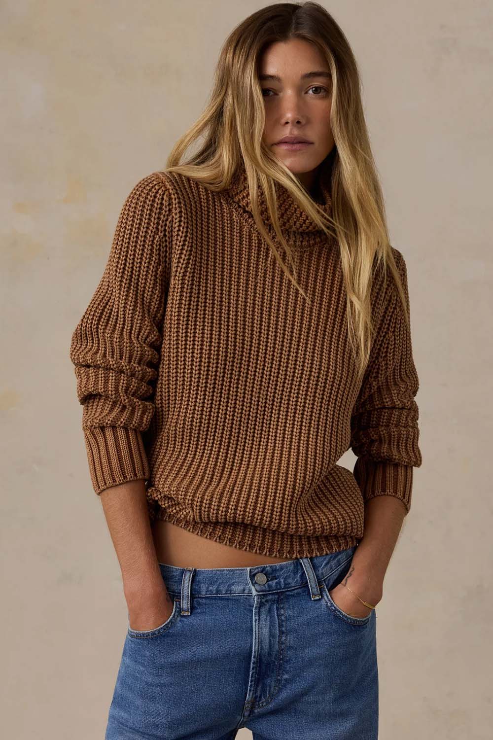 Faherty Sunwashed Cotton Turtleneck in Toasted Sun — Front view