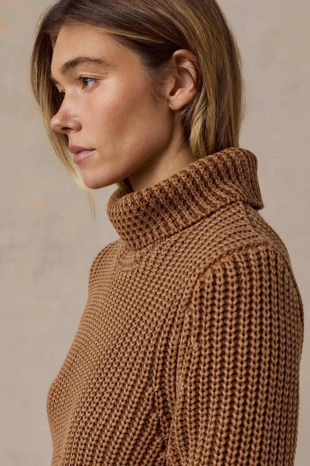 Faherty Sunwashed Cotton Turtleneck in Toasted Sun — Side view