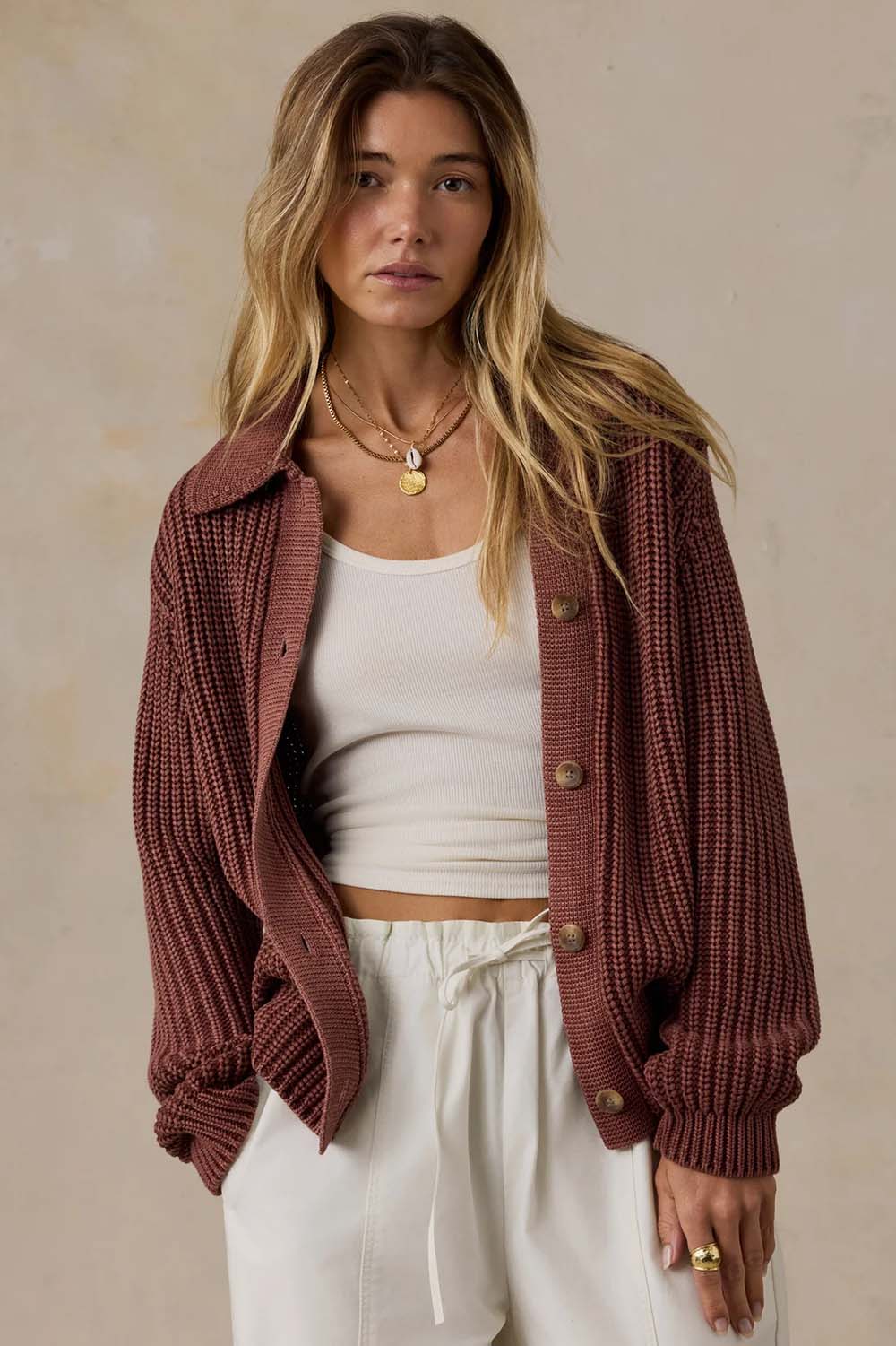 Faherty Sunwashed Lodge Cardigan in Sunwashed Redwood — Front view