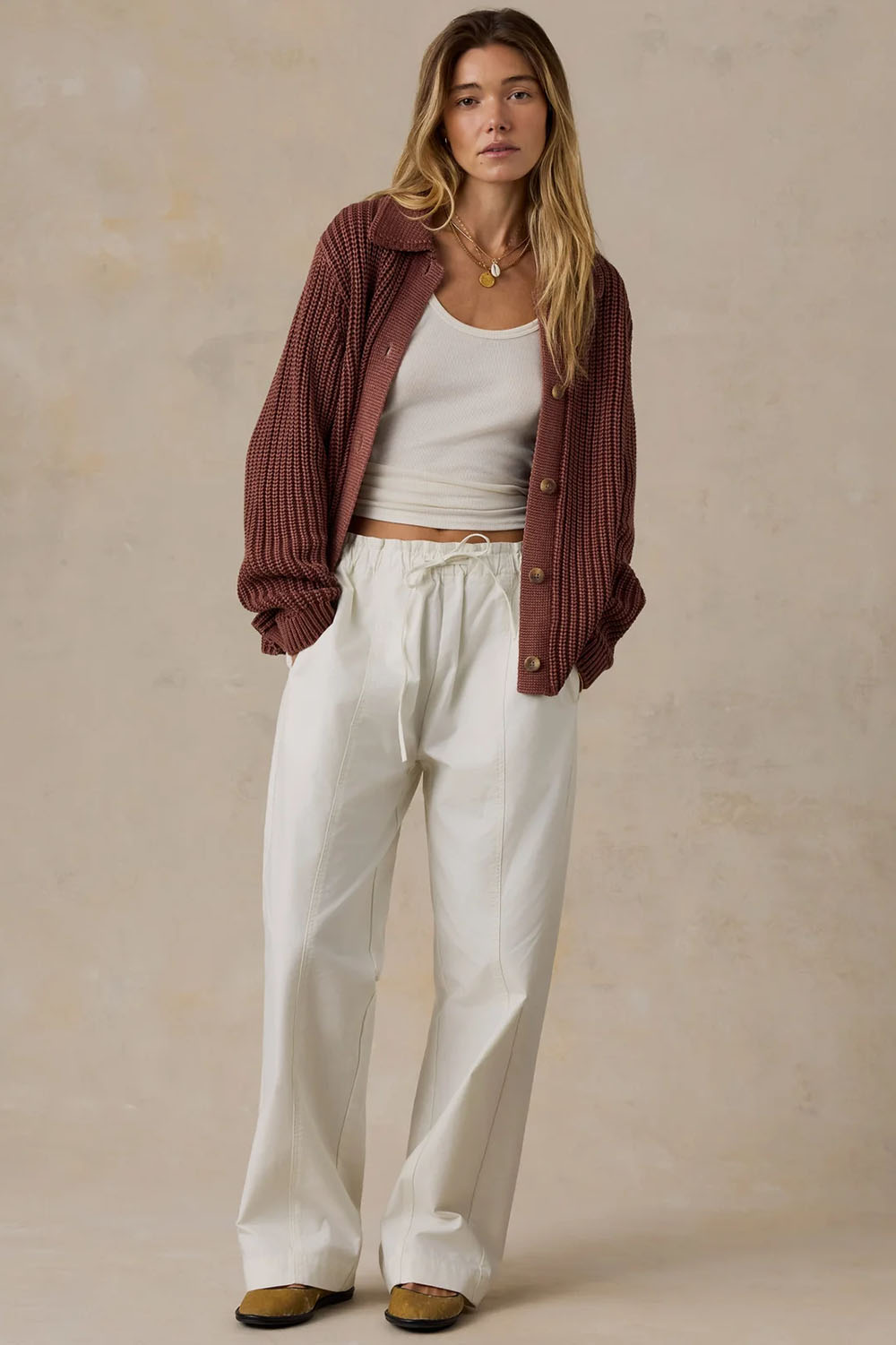 Faherty Sunwashed Lodge Cardigan in Sunwashed Redwood — Full-body view