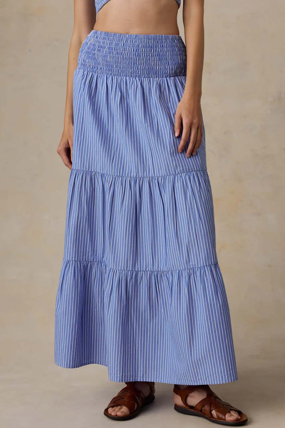 faherty coastal poplin maxi skirt deepwater stripe front