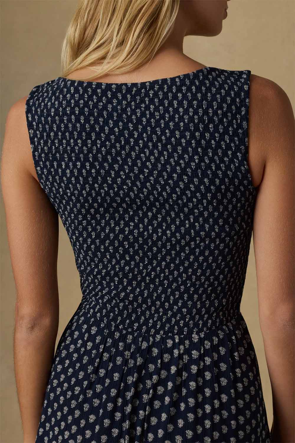 faherty sophia smocked dress navy lotus floral back detail