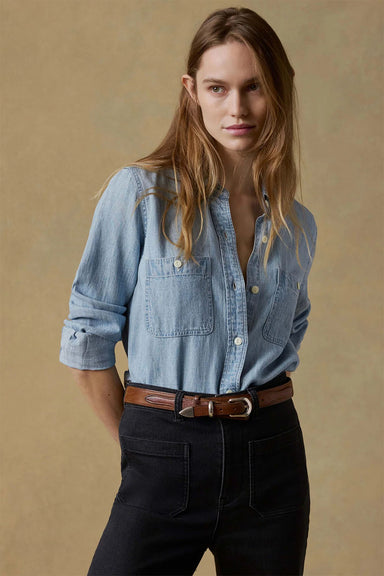 faherty tried & true chambray shirt mid wash profile