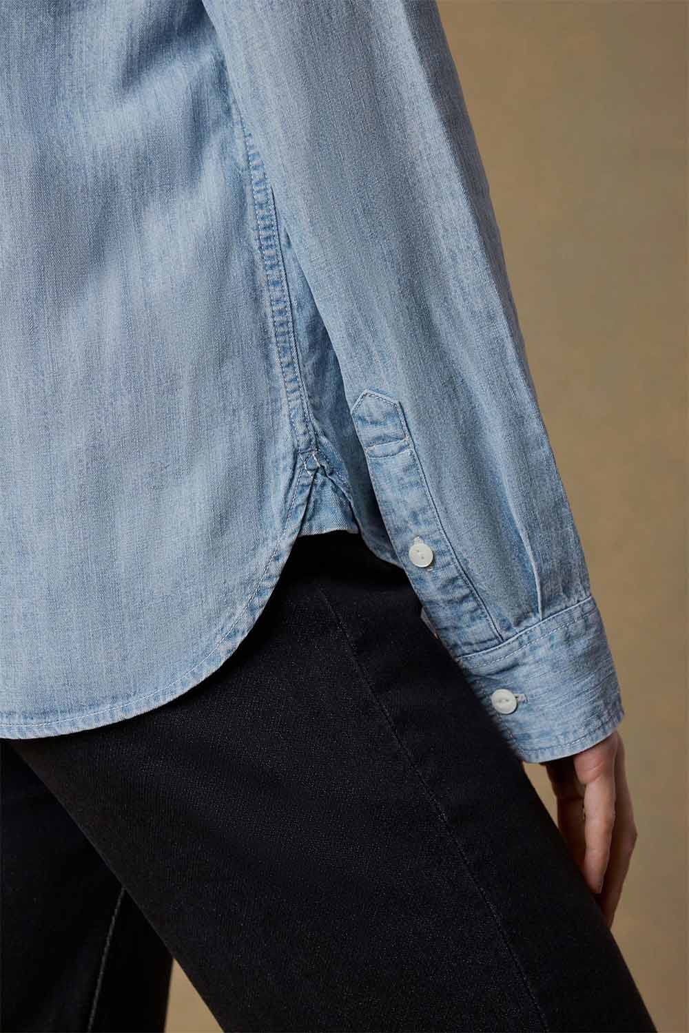 faherty tried & true chambray shirt mid wash sleeve