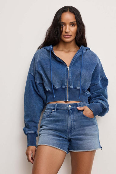 Good American - Jeanius Zip Up Hoodie - Indigo - Front