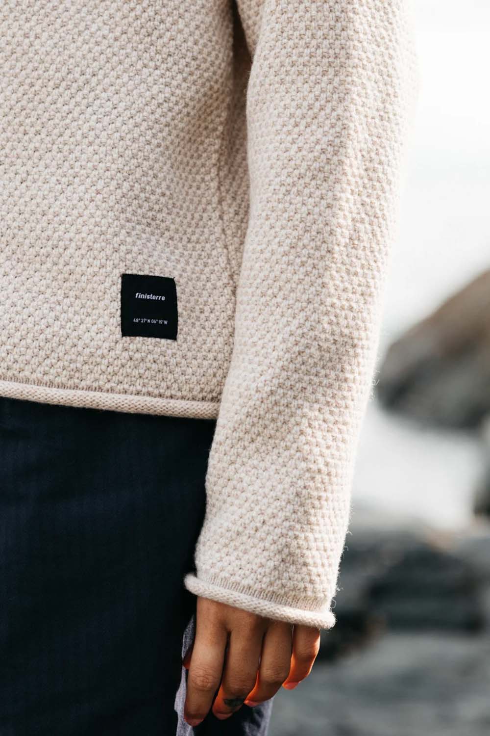 Finisterre Barents Jumper in Oatmeal — Label detail view