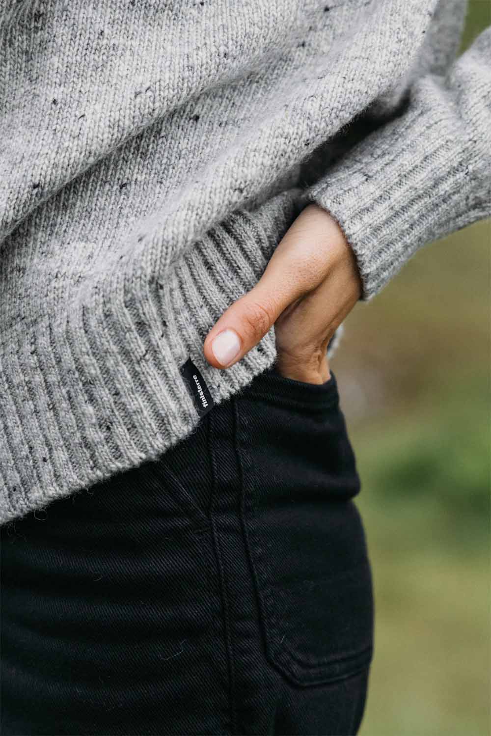 Finisterre Farne Crew in Dove Grey — Sleeve detail view