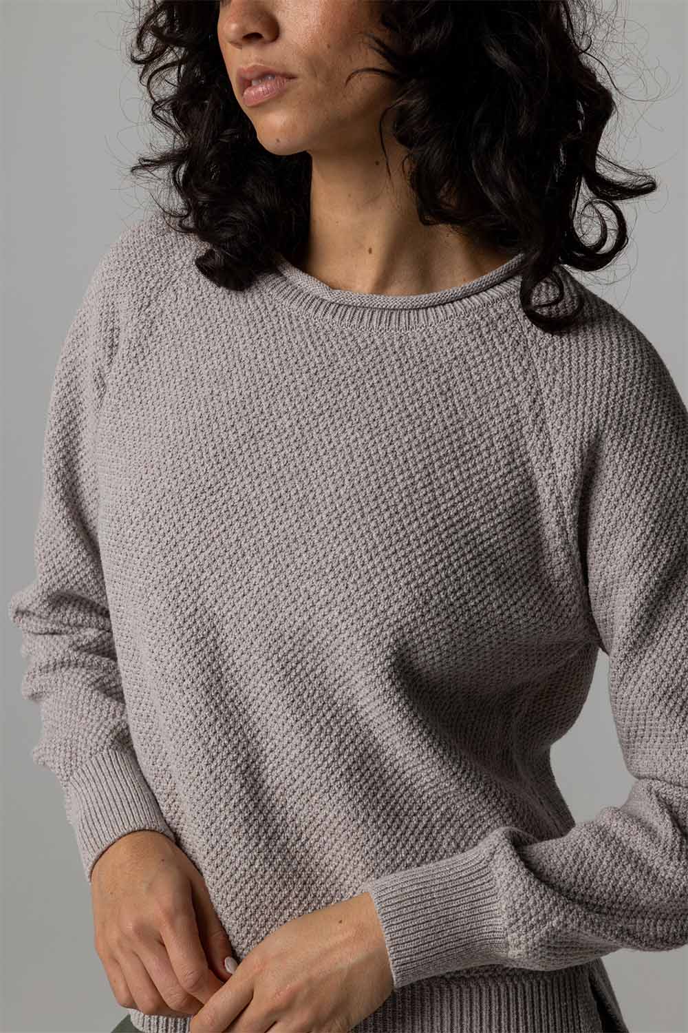 finisterre kerrow knit jumper oat detail