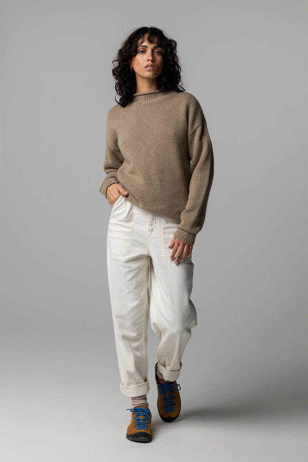 finisterre taran tipped jumper warm oatmeal navy 