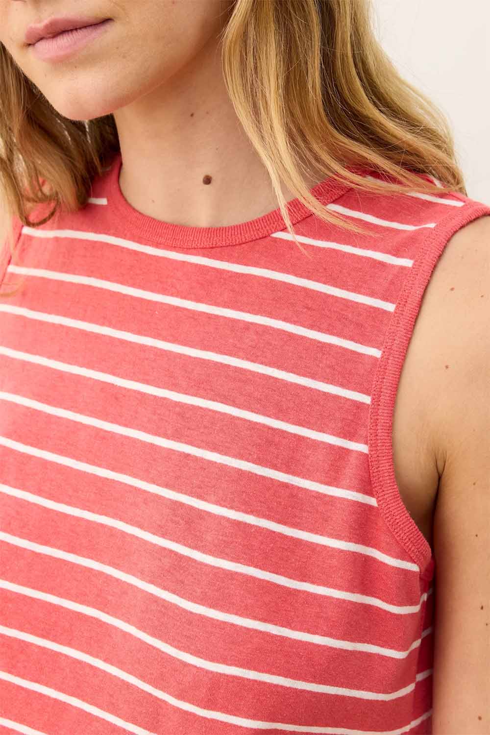 Marine Layer - Stripe Hemp Cotton Tank - Hibiscus/White Stripe - Detail