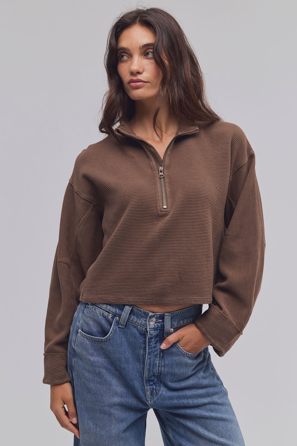 Free People Celeste Quarter Zip in Teak — Front view
