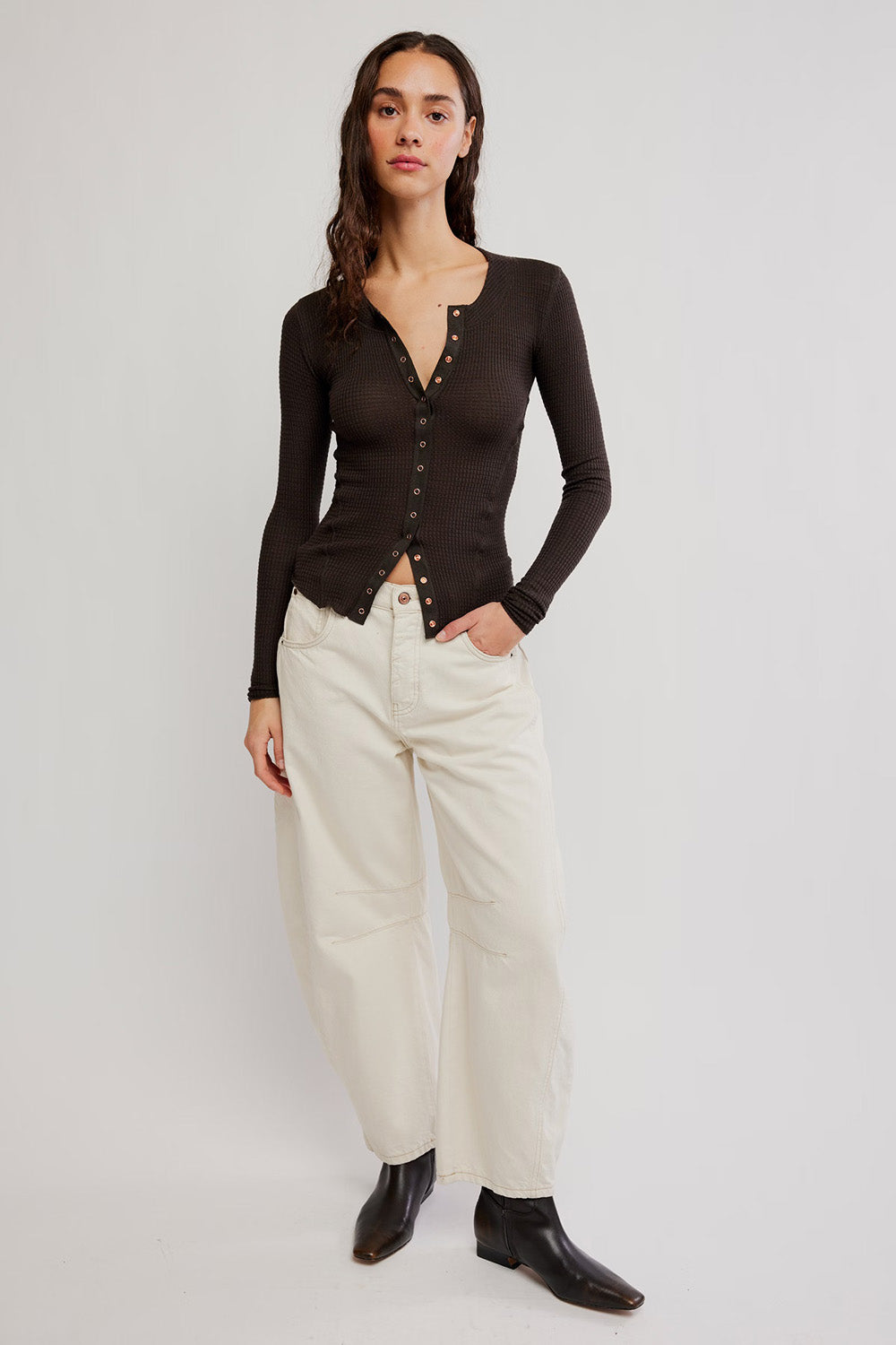 Free People Going Places Cardi in Deep Fudge — Full-body view