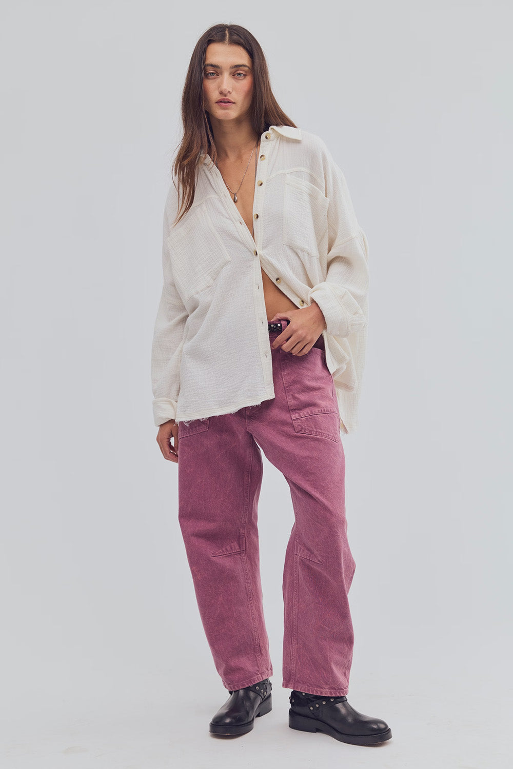 Free People Minimalist Moxie Boyfriend in Washed Berry — Full-body view