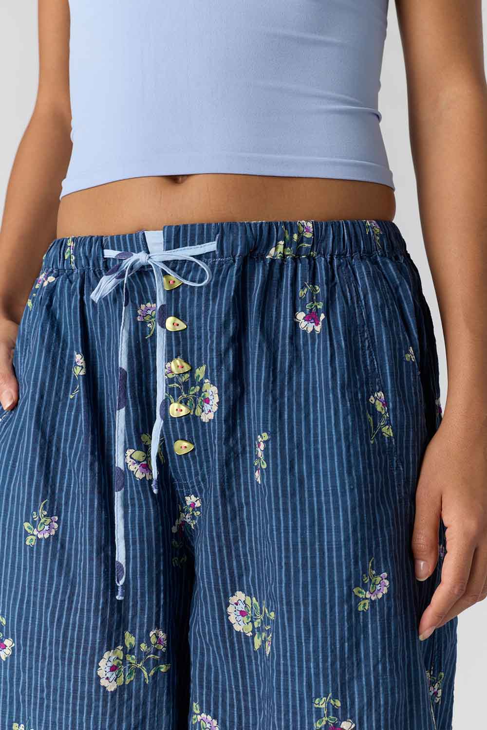 Free People On Repeat PJ Pant in Blue Floral — Waist detail view