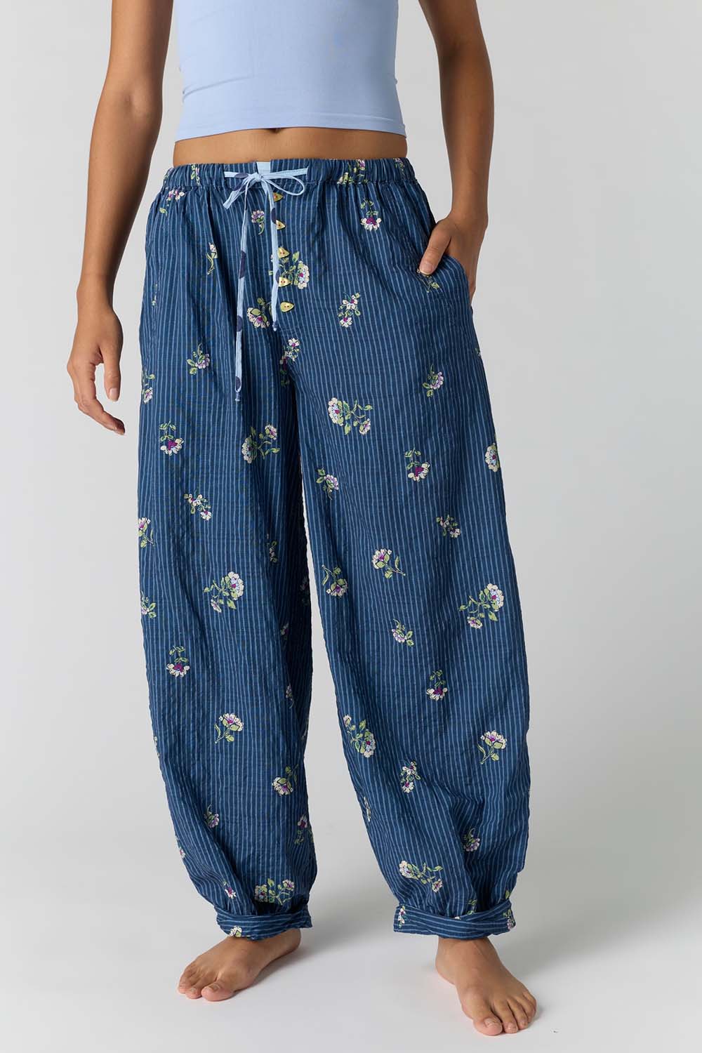 Free People On Repeat PJ Pant in Blue Floral — Front view