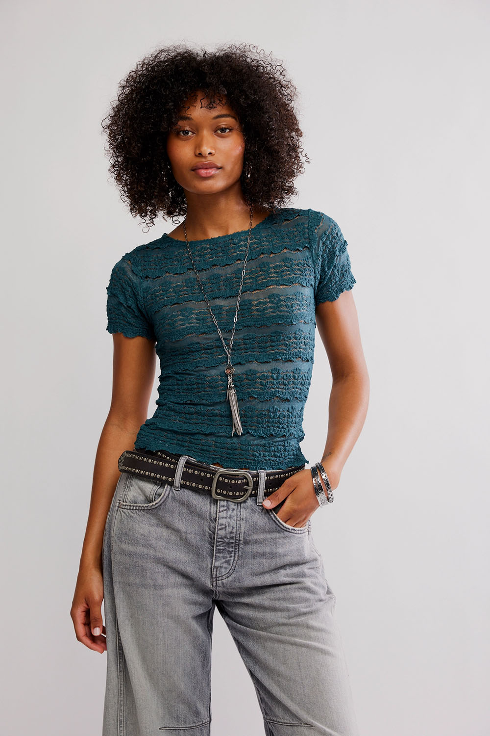 Free People - Angelina Lace Tee - Seamoss - Front