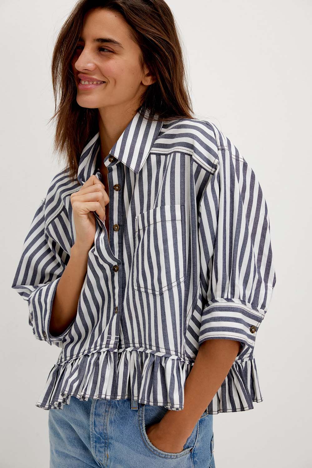 free people bailey stripe shirt nautical navy combo front
