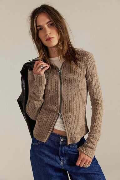 free people brunch girl zip up dusted cocoa front
