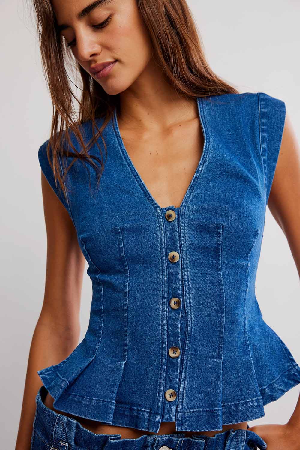 free people dylan denim vest medium blue detail