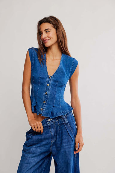 free people dylan denim vest medium blue front
