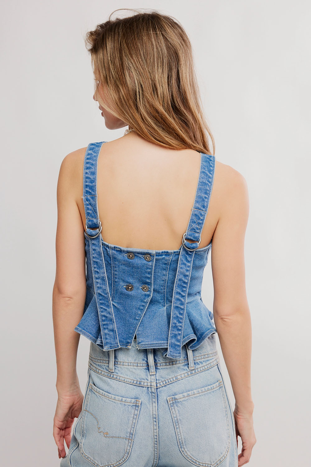 free people sunfaded denim top steel blue back