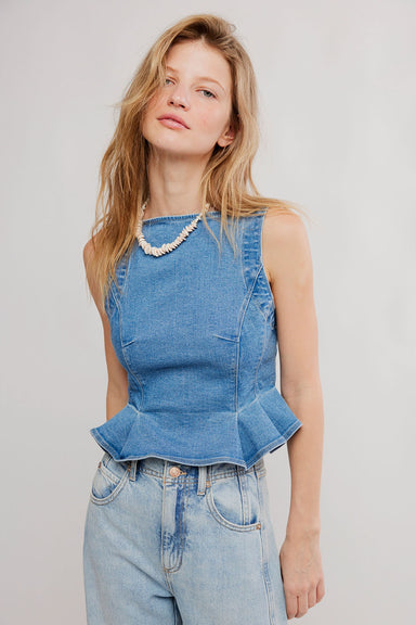 free people sunfaded denim top steel blue front