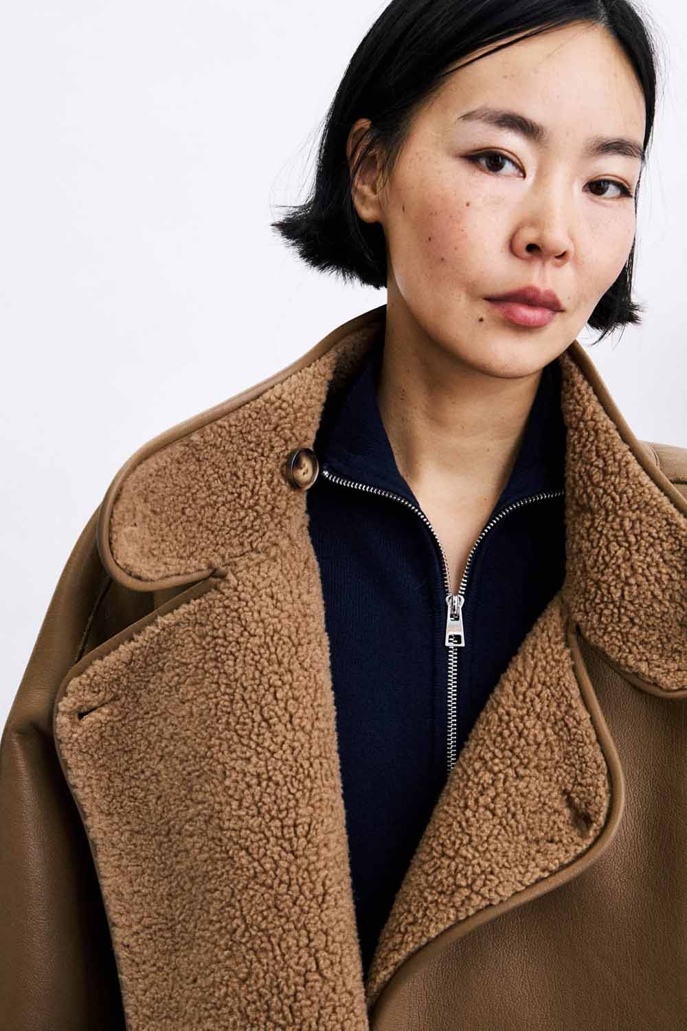 FRNCH Cauldron Reversible Coat in Camel — Lining detail view