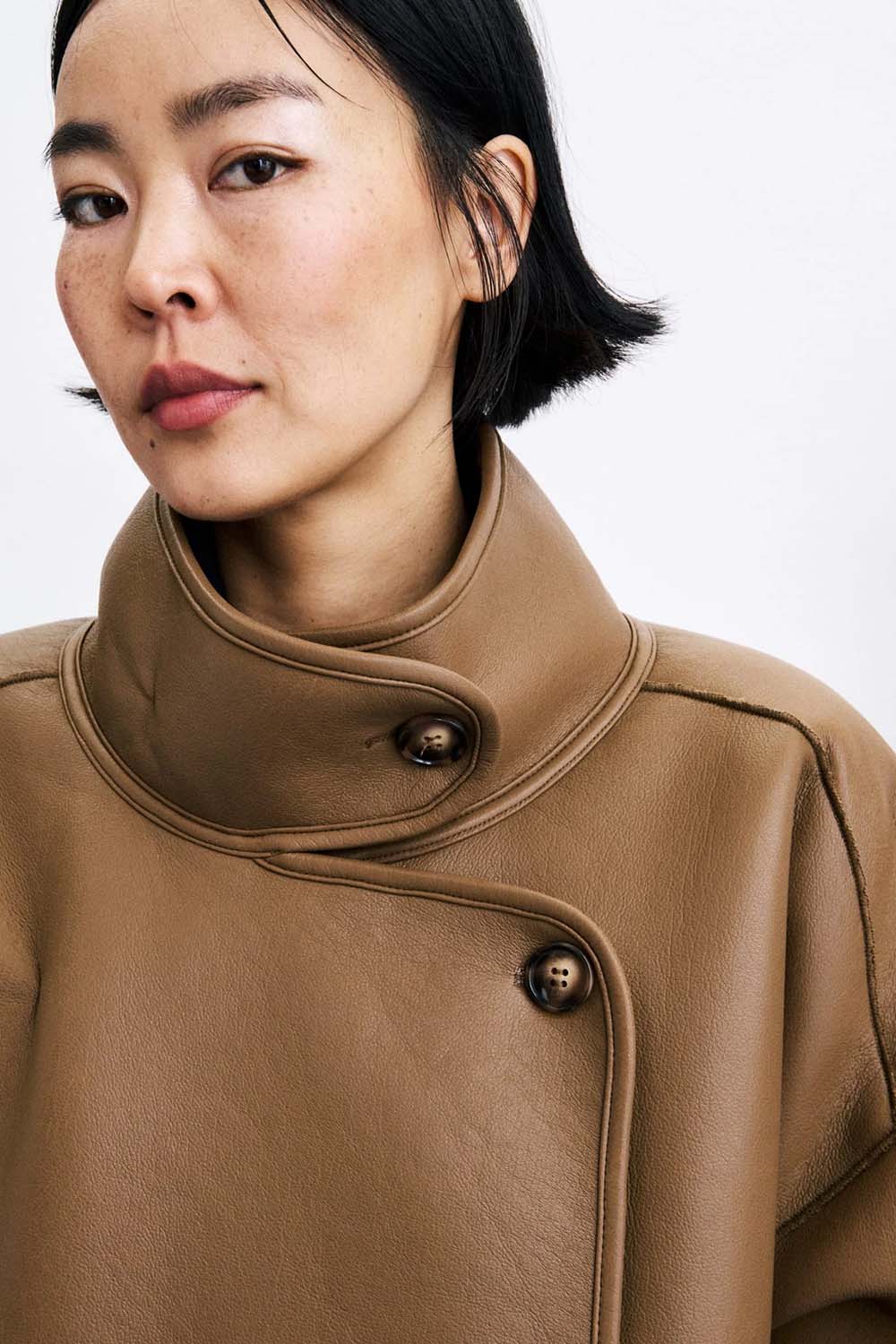 FRNCH Cauldron Reversible Coat in Camel — Reverse collar detail view