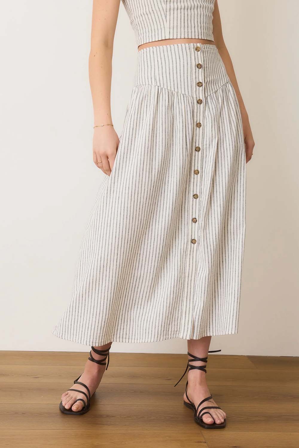 Marine Layer - Jade Button Through Skirt - Cream/Navy Stripe - Front