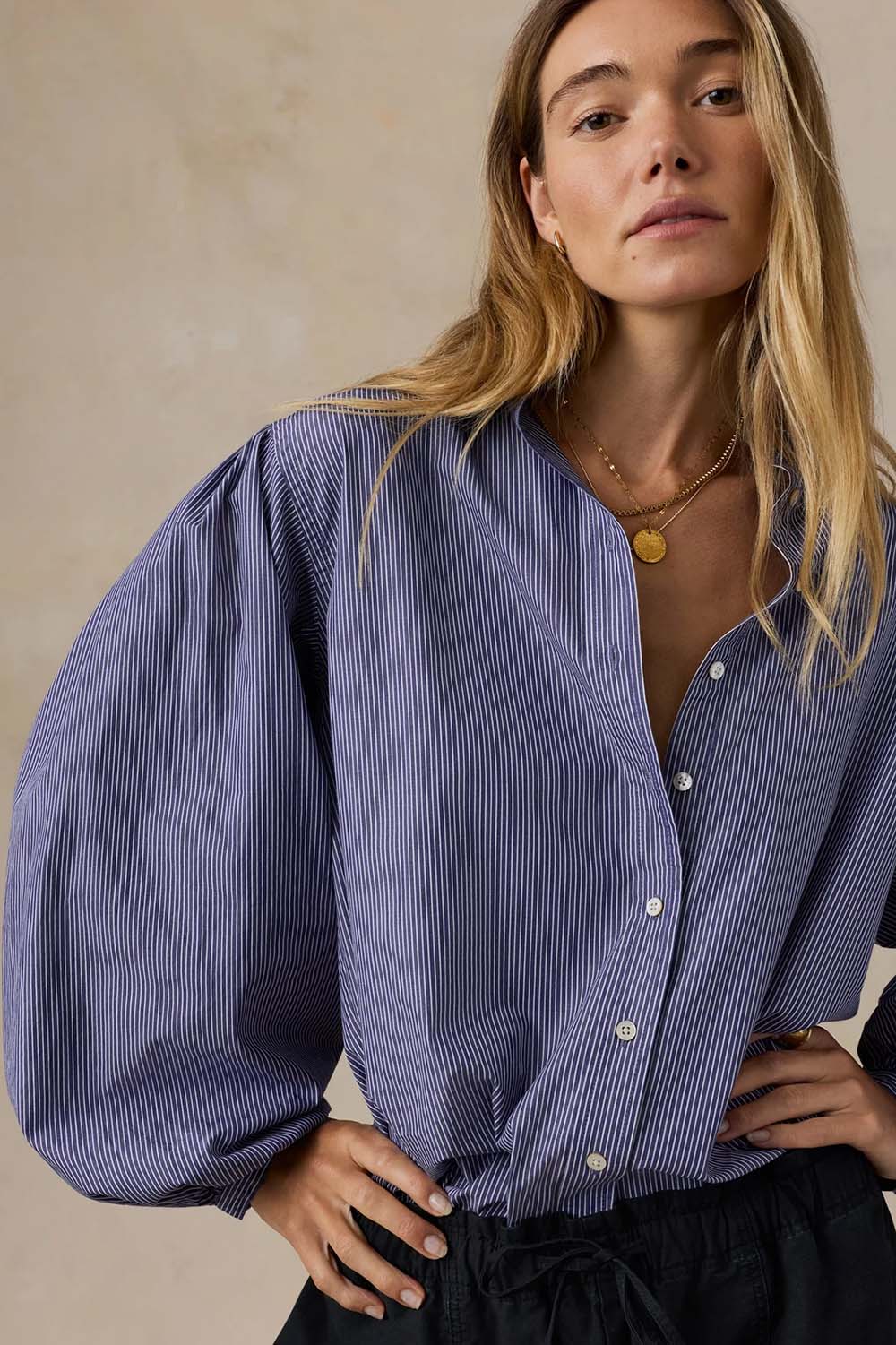 Faherty Coastal Poplin Suki Blouse in Sailor Ink Stripe — Detail view