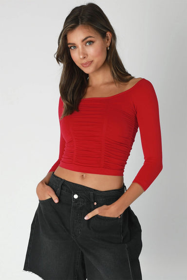 Niki Biki - Shirred Boast Neck 3Q Top - Scarlet Smile