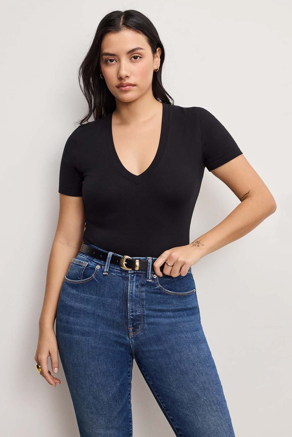 Good American - Stretch Deep V Bodysuit - Black - Size 8
