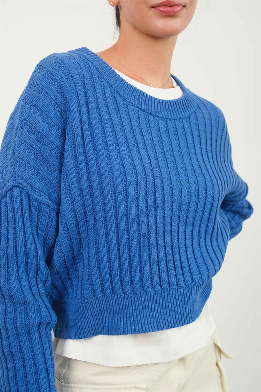 Double Zero - Cropped Ribbed LS Knit Sweater - Cobalt - Detail