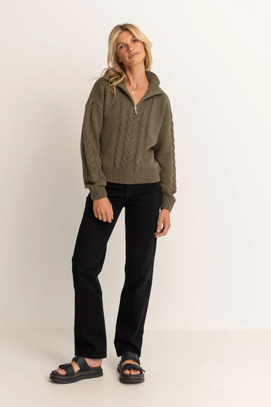 Rhythm - Cabelled Vintage 1/4 Zip Knit - Olive