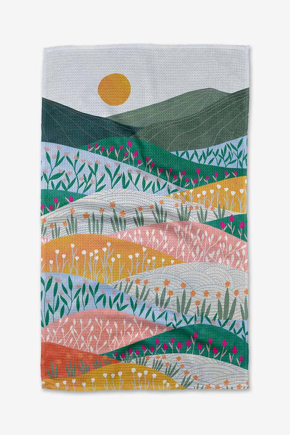 Geometry Sunrise Mountains Tea Towel — Flat-lay view, second angle