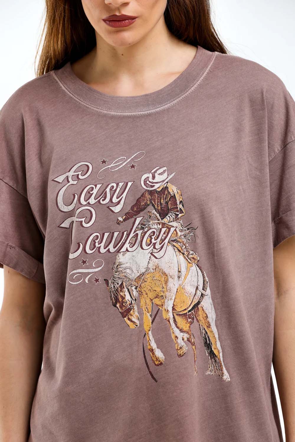 Girl Dangerous Easy Cowboy Tee in Mauve — Graphic detail view