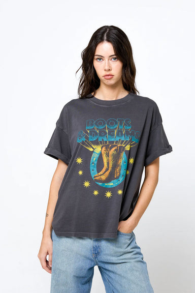 girl dangerous boots and dreams tee vintage black front