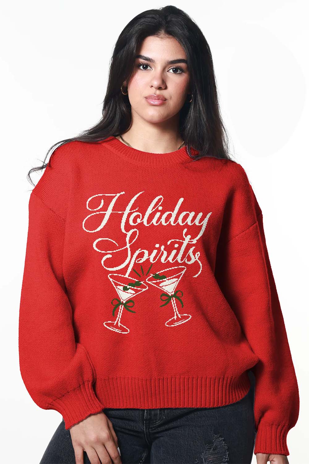 girl dangerous holiday spirits sweater red