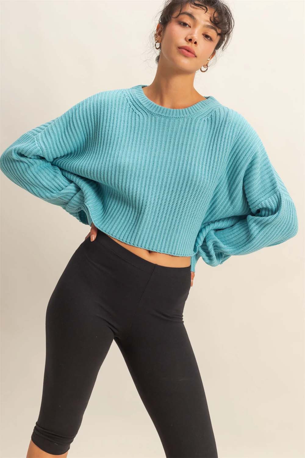 Double Zero - Cropped Knit Sweater - Sky Blue - Front