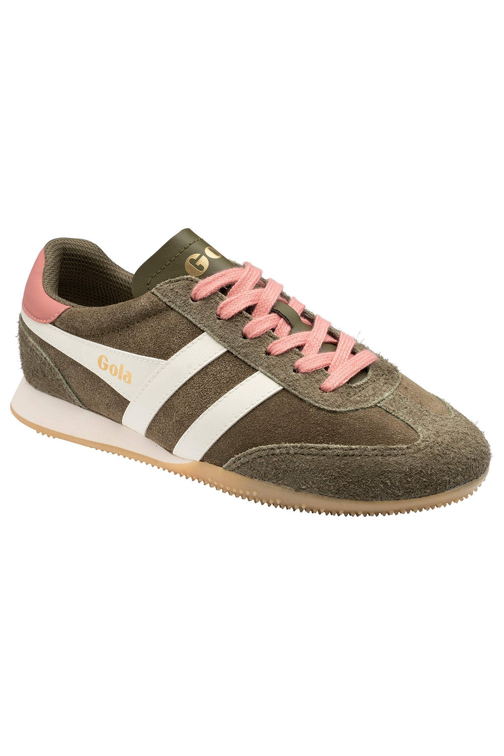 Gola Sprinter Suede in Khaki/Off White/Coral Pink — Quarter view