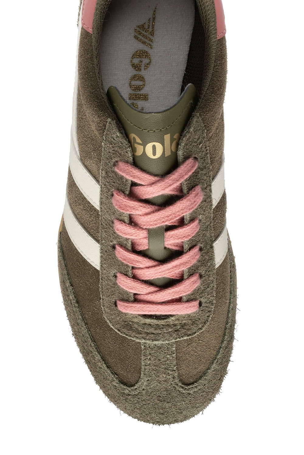 Gola Sprinter Suede in Khaki/Off White/Coral Pink — Top view