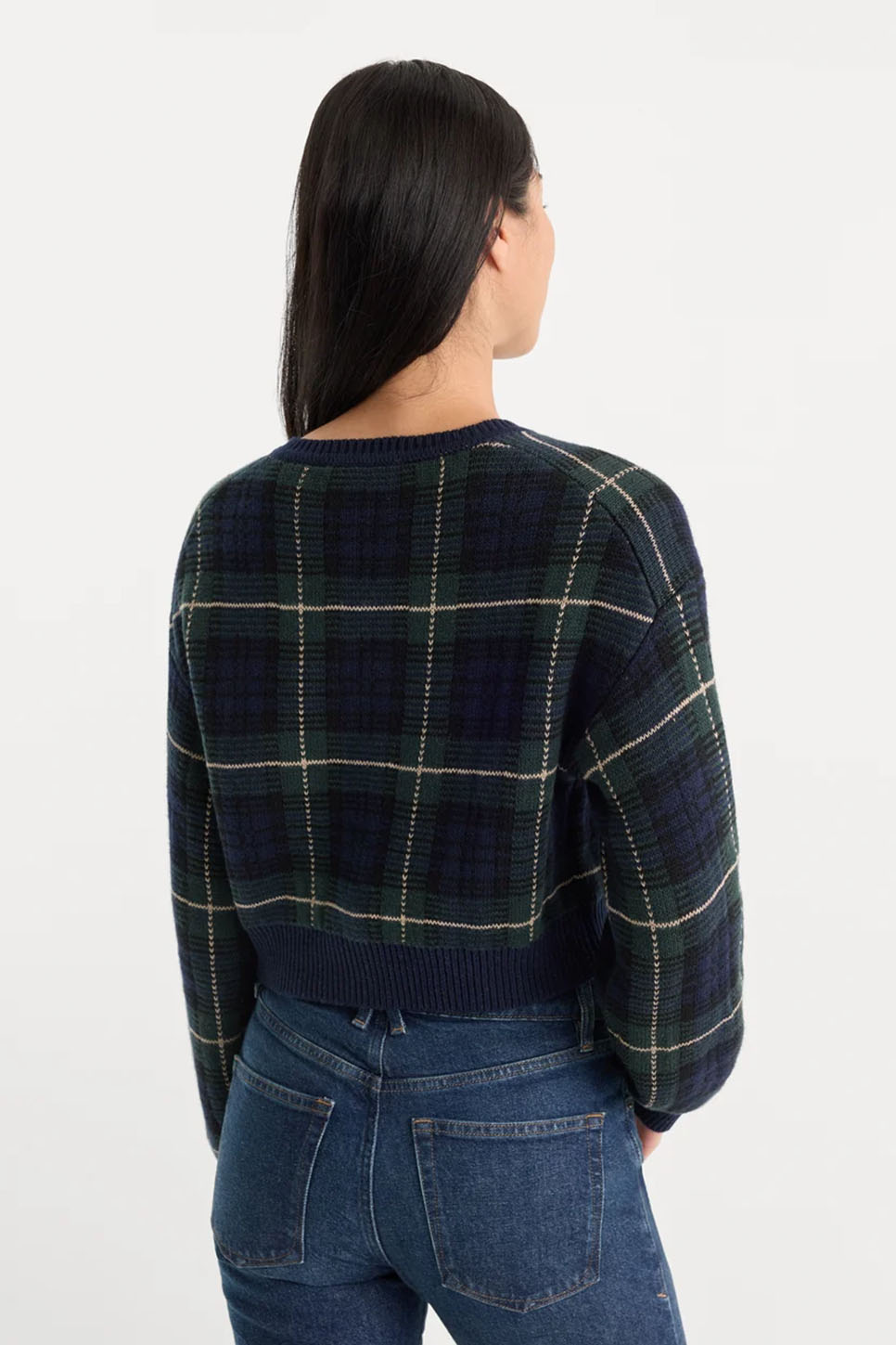 Good American Jacquard Cardigan in Forest Plaid — Back view