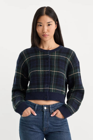 Good American Jacquard Cardigan in Forest Plaid — Front view