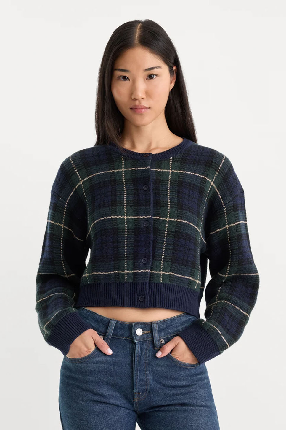 Good American Jacquard Cardigan in Forest Plaid — Front view