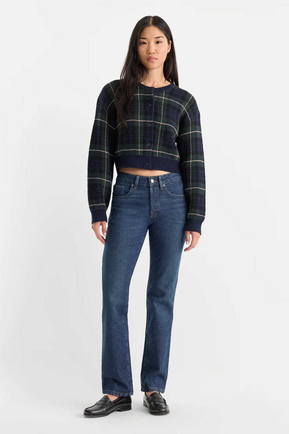 Good American Jacquard Cardigan in Forest Plaid — Full-body view