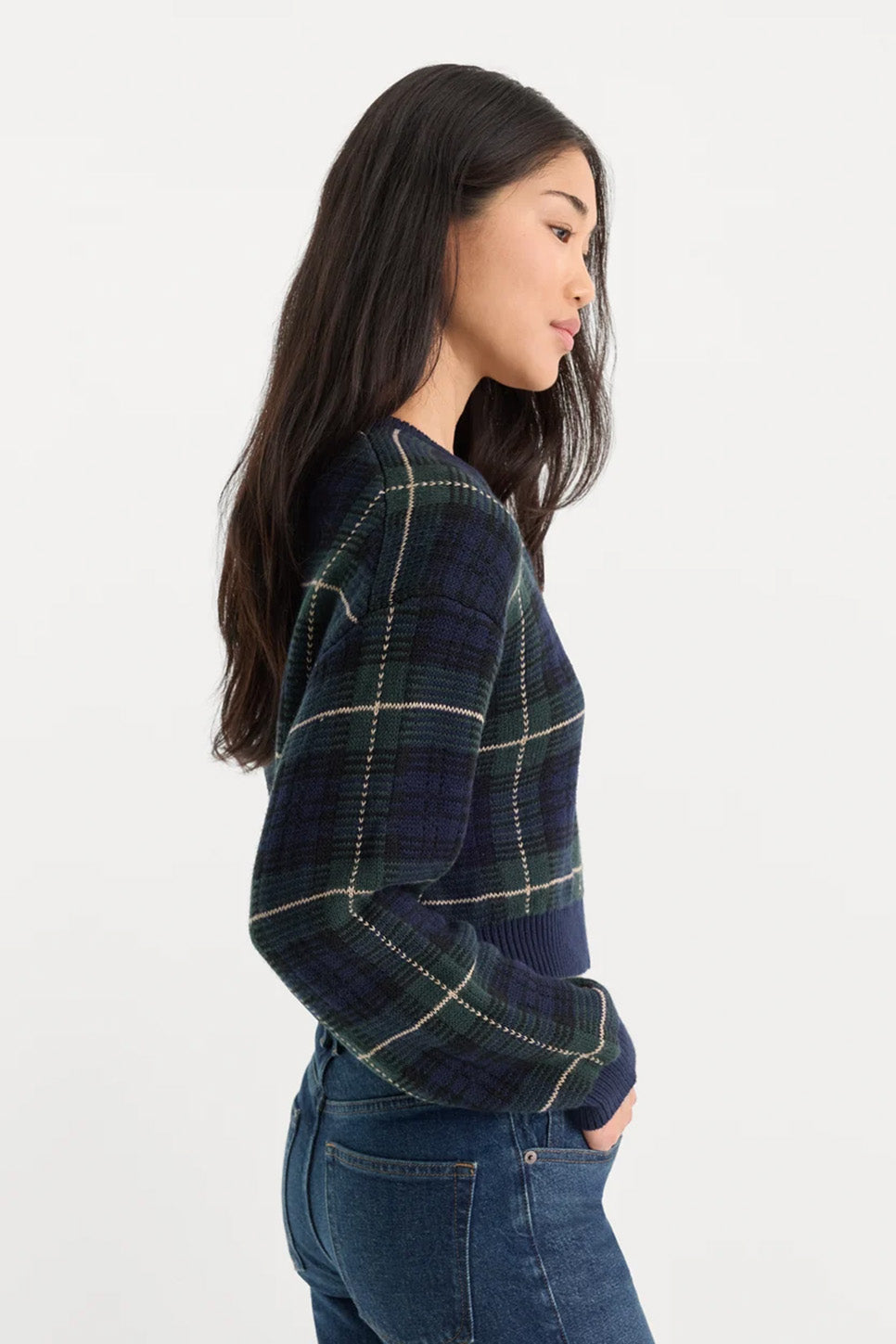 Good American Jacquard Cardigan in Forest Plaid — Side view