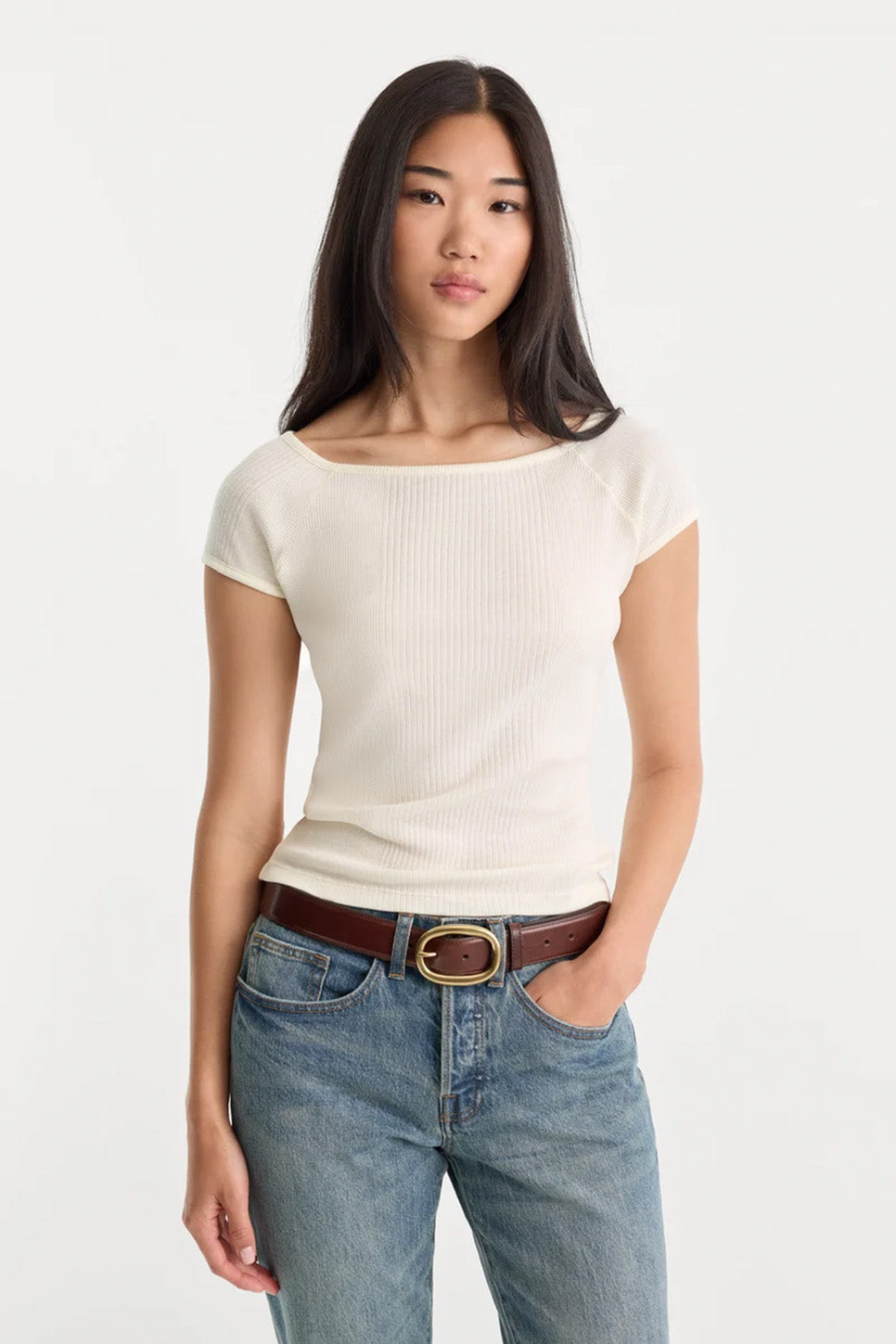 Good American The Variegated Rib Top in Chalk — Front view
