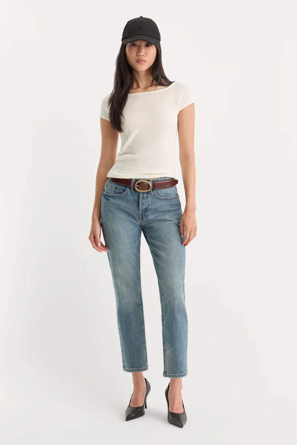 Good American The Variegated Rib Top in Chalk — Full-body view