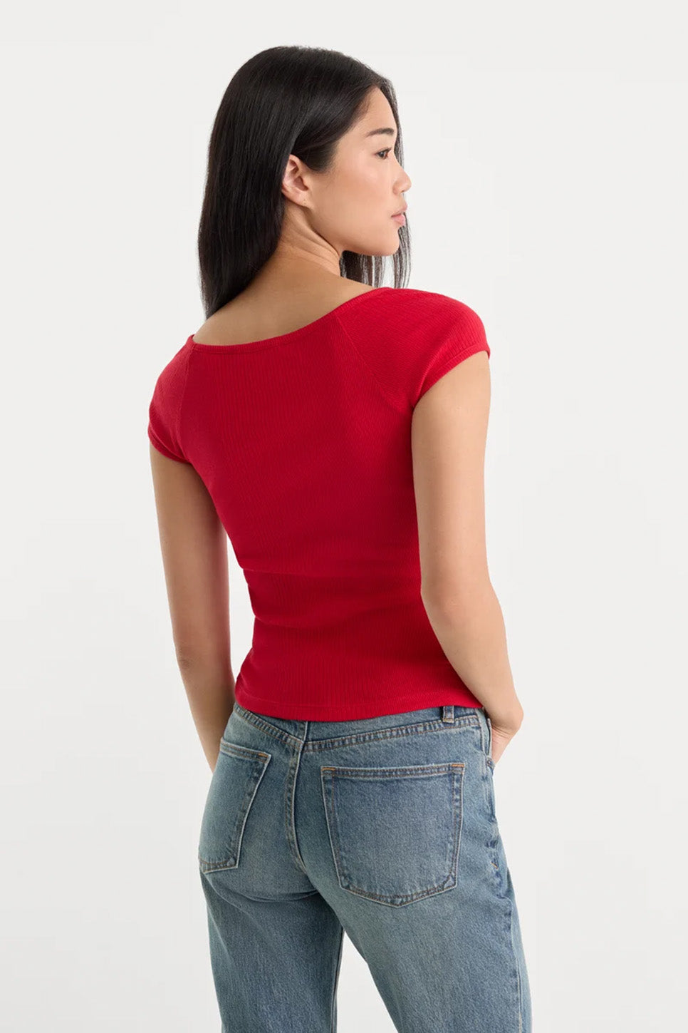 Good American The Variegated Rib Top in Crimson Rose — Back view
