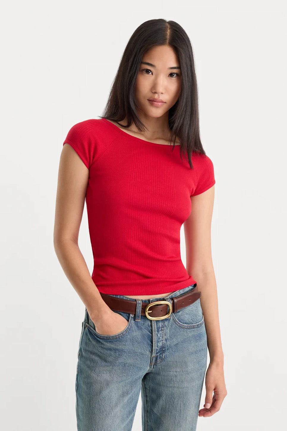 Good American The Variegated Rib Top in Crimson Rose — Front view